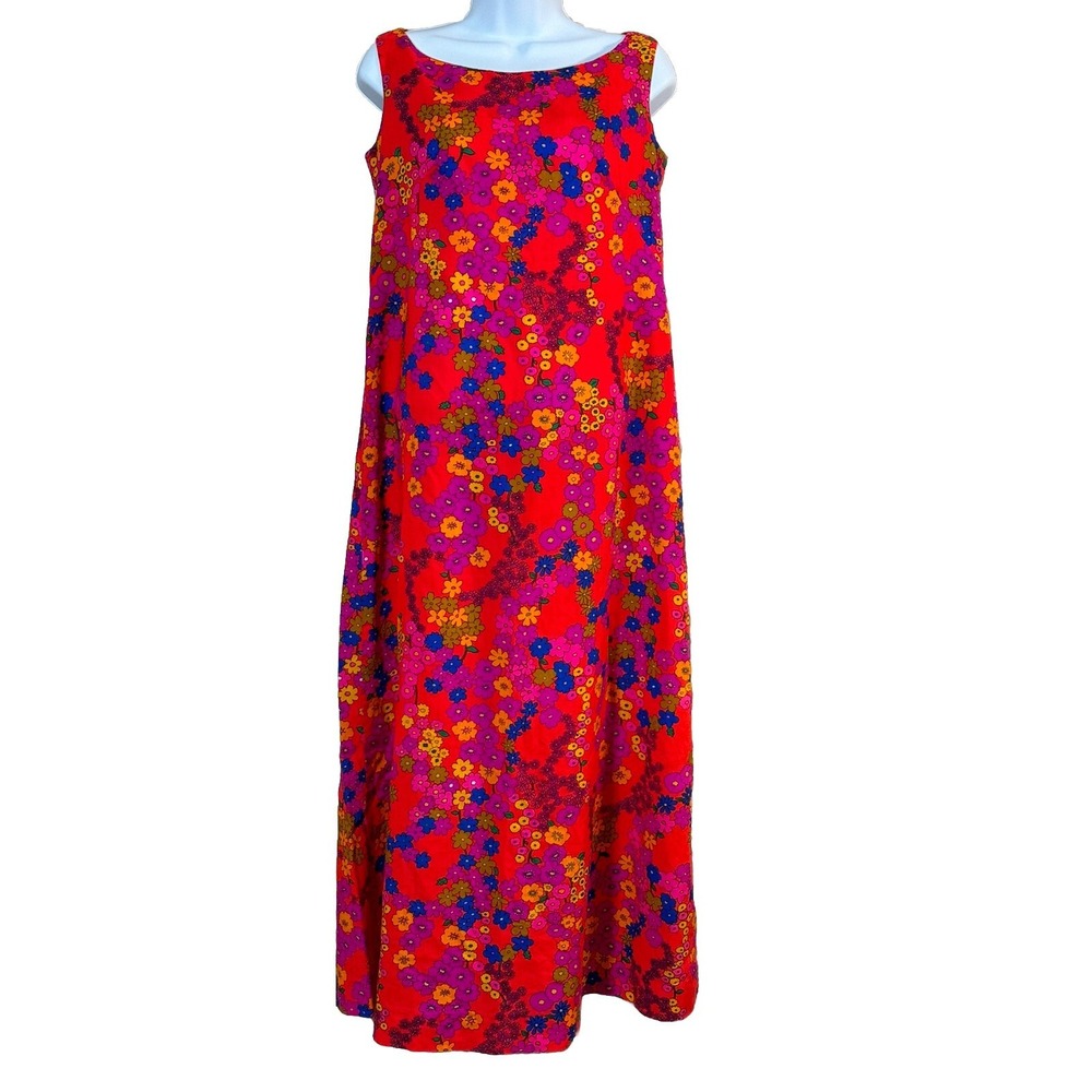 1960s Vtg Royal Hawaiian Red Orange Floral Sleeveless‎ Shift Dress Size 6 Groovy